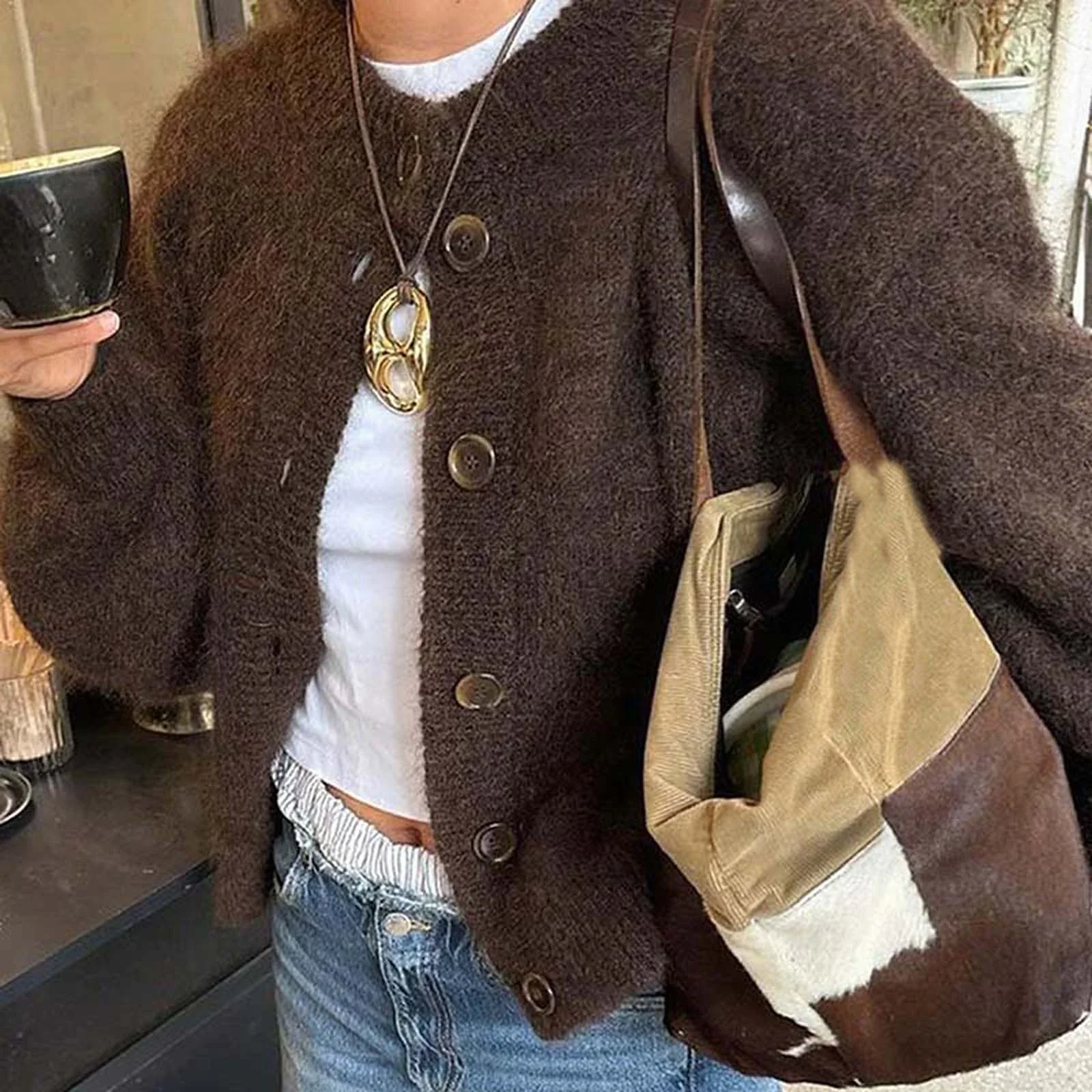 

Autumn Winter Women's Cardigan Wool Sweater New Retro Solid Color Round Neck Long Sleeved Loose Casual Versatile Top ropa mujer