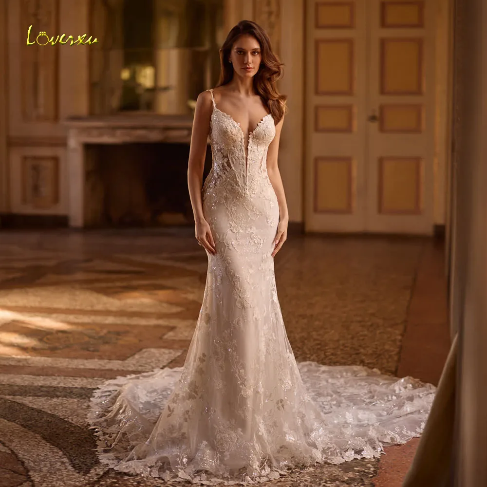 

Loverxu Mermaid Sexy Wedding Dresses Spaghetti Straps Vestido De Novia Lace Embroidery Vintage Shiny Custom Made Bridal Gowns