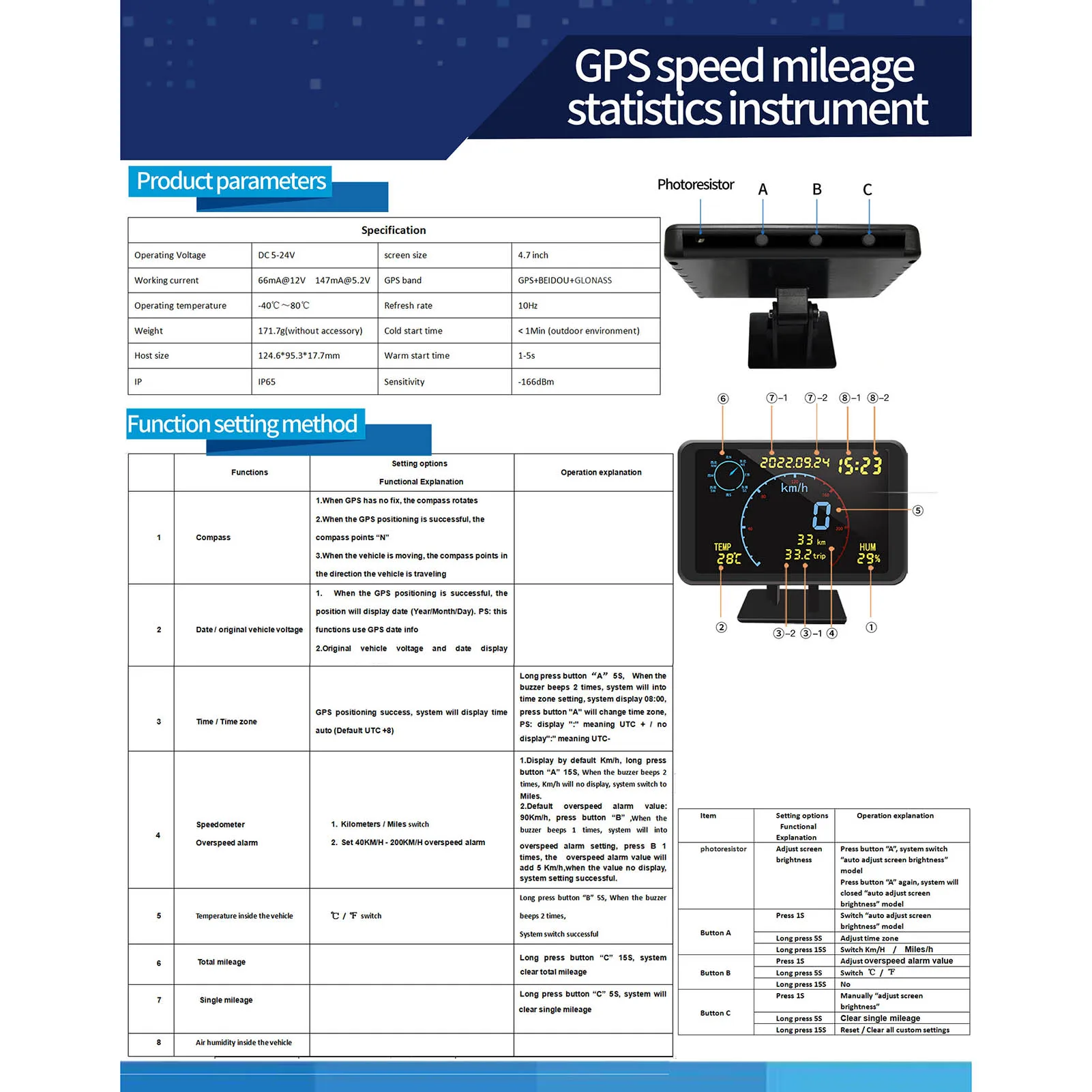 Digital GPS Speedometer Odometer 4.7 inch LCD Display HUD Display with Over Speeding Alarm GPS + BEIDOU + GLONASS IP65 -166dbm