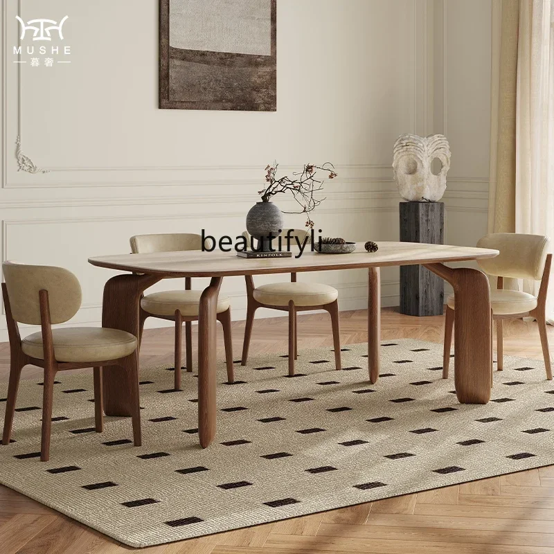 

Y French retro solid wood dining table and chair combination travertine slate household small apartment creative ash wood meal