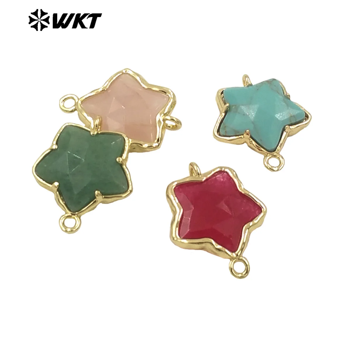 WT-C327 Wholesale New Small Stone Carved Star Connectors 18K Gold Plated Claw Setting Lovely Double Loops Findings