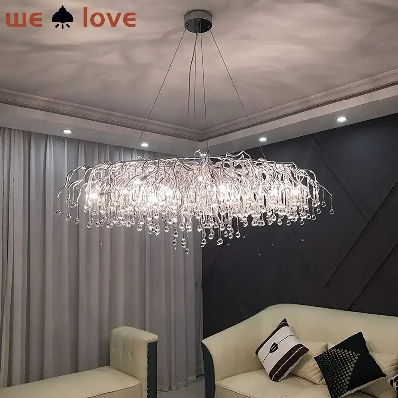 American Silver Rectangular Chandelier for Living Room Restaurant Hanging Crystal Ceiling Lamp Raindrop Pendant Lighting Fixture