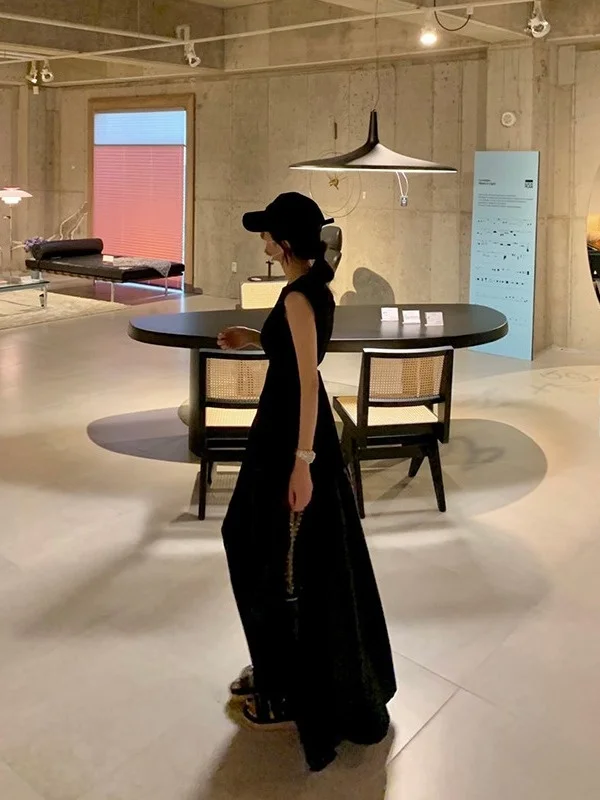 우아한 A라인 드레스 한국 스타일 여름 신상 화이트 드레스 백리스 드레스 하이웨이스트 출퇴근 스타일 미디 스커트