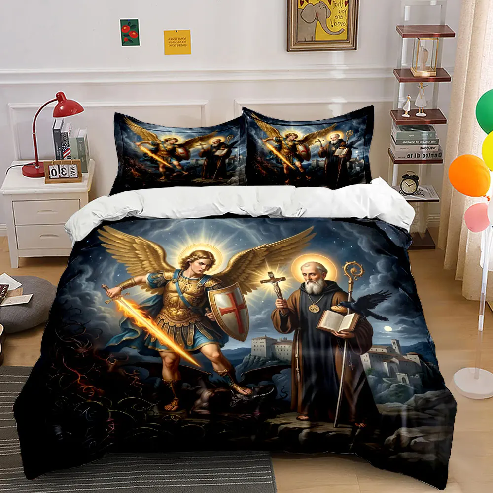 Saint Michael and Saint Benedict Defending Against the Devil Print Bedding Set 1 Duvet Cover 2 Pillowcases for Luxury Gift