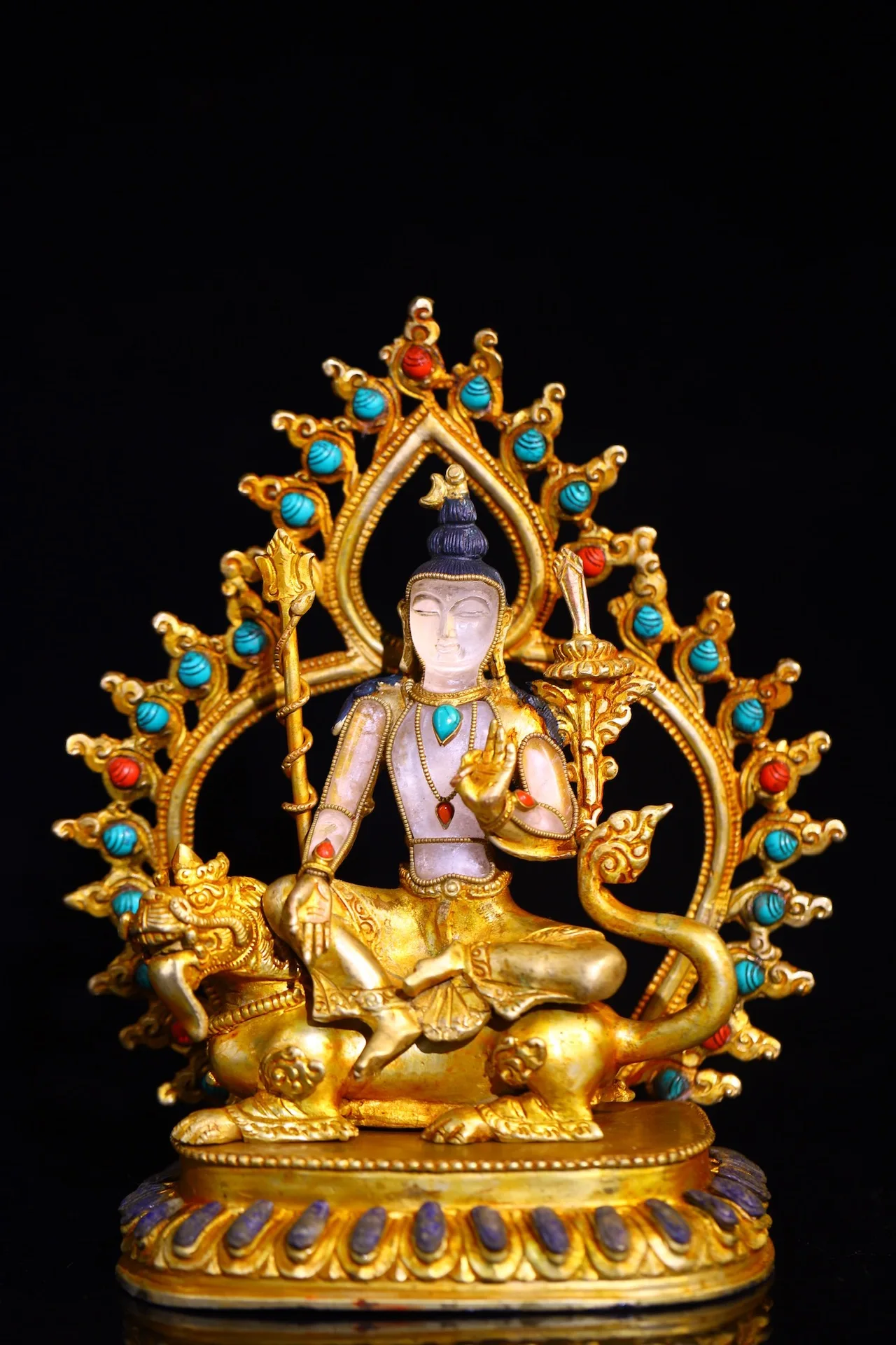 

10"Tibetan Temple Collection Old Natural Crystal Tibetan silver Gilded Mosaic Gem Manjushri Bodhisattva Buddha Worship Hall