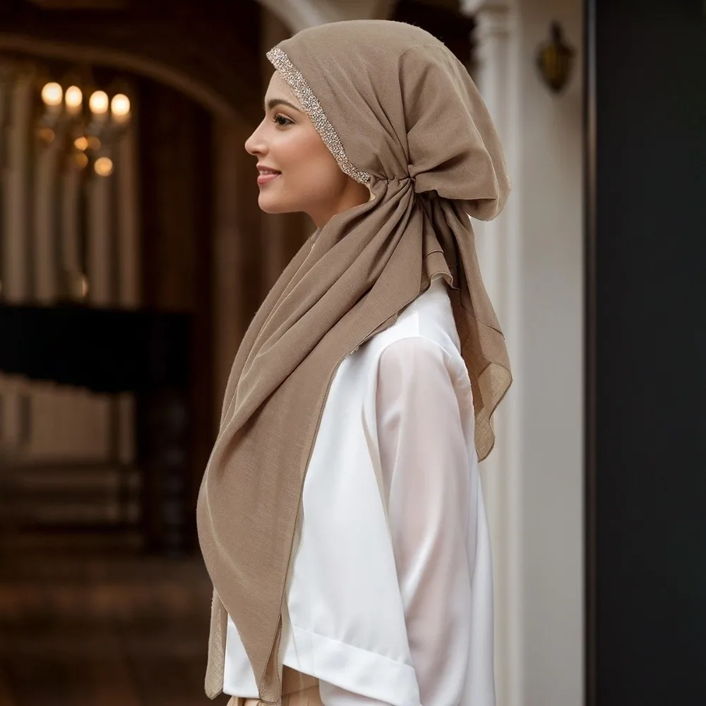 

Rhinestone Women Hijab Hat Breathable Soft Texture Islamic Turban Full Coverage Premium Fabric Elastic Headband Cap Islamic Wear