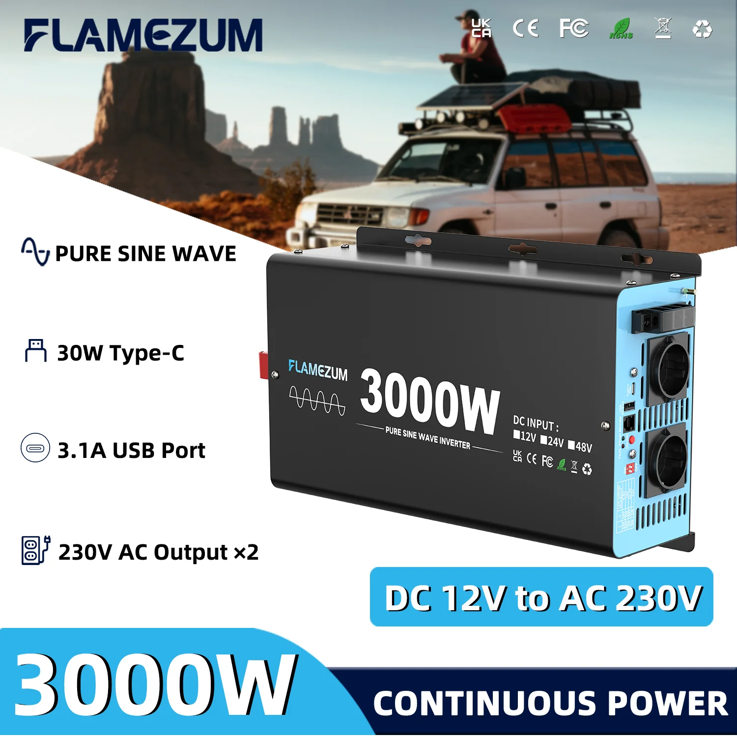 

3000W Continuous Power Pure Sine Wave Inverter Peak Power 6000W DC 12V to AC 230V 50HZ EU Socket LCD Car Voltmeter Converter