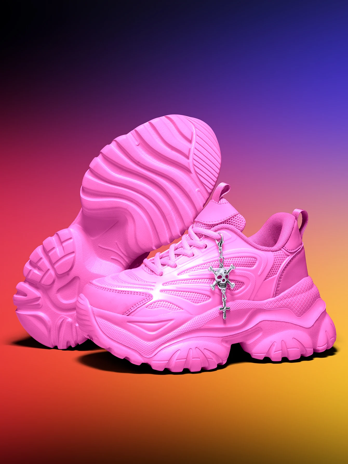 Damen-Outdoor-Allwetter-Modische Dad-Schuhe, Eva-Leichtgewicht-Sneaker mit dicker Sohle und 7 cm Absatzhöhe, orangefarbene Sportschuhe mit abnehmbarem silbernen Kreuz- und Totenkopf-Anhänger im Halloween-Punk-Stil, vielseitig einsetzbar für den täglichen Arbeitsweg und Fitness – Detail 20