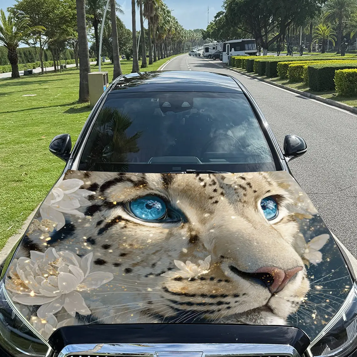 Gilded Floral Snow Leopard Car Hood Sticker,Waterproof Self-Adhesive Vinyl Graphics Decals,Decorative Auto Accessories Stickers