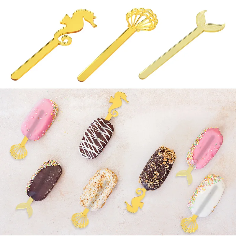 5Pcs Acrylic Ice Cream Stick Mermaid Decor Seashell Seahorse Dessert Popsicle Stick Summer Homemade Ice Cream Mold Accessories