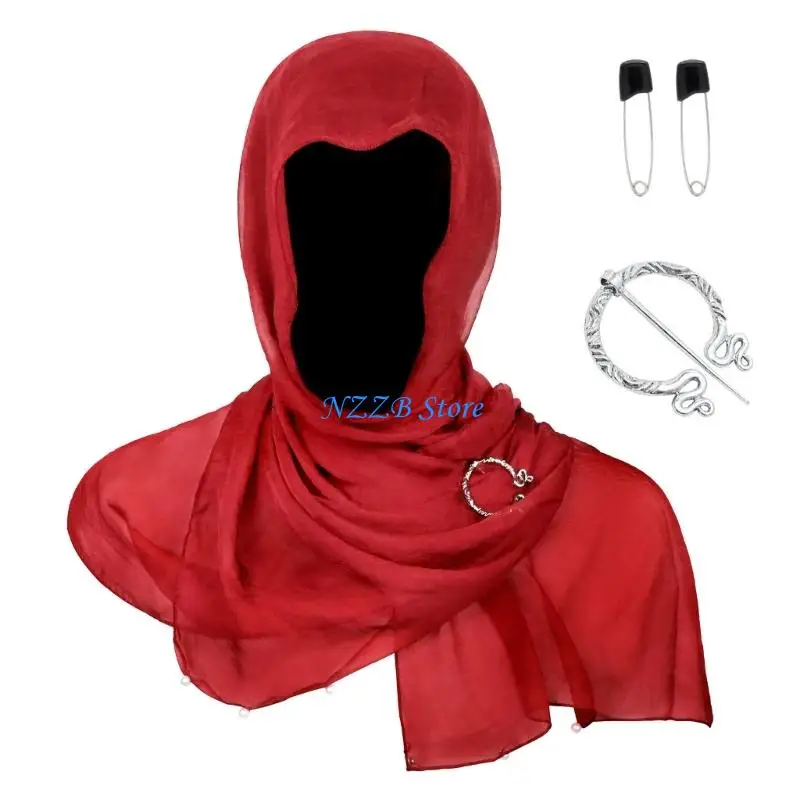 

T21F Medieval Vikingly Pearls Hooded Scarf Shawl With Adjustable Renaissances Brooch For Cosplay Costume Accessories