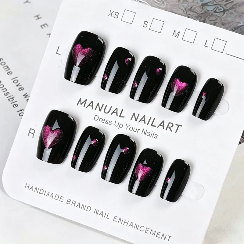 Women\'s Solid Cute Nail Art Pure Handmade 3D Love Shape Detachable Short Style Press On Nails Light Nail Cat Eye Patch