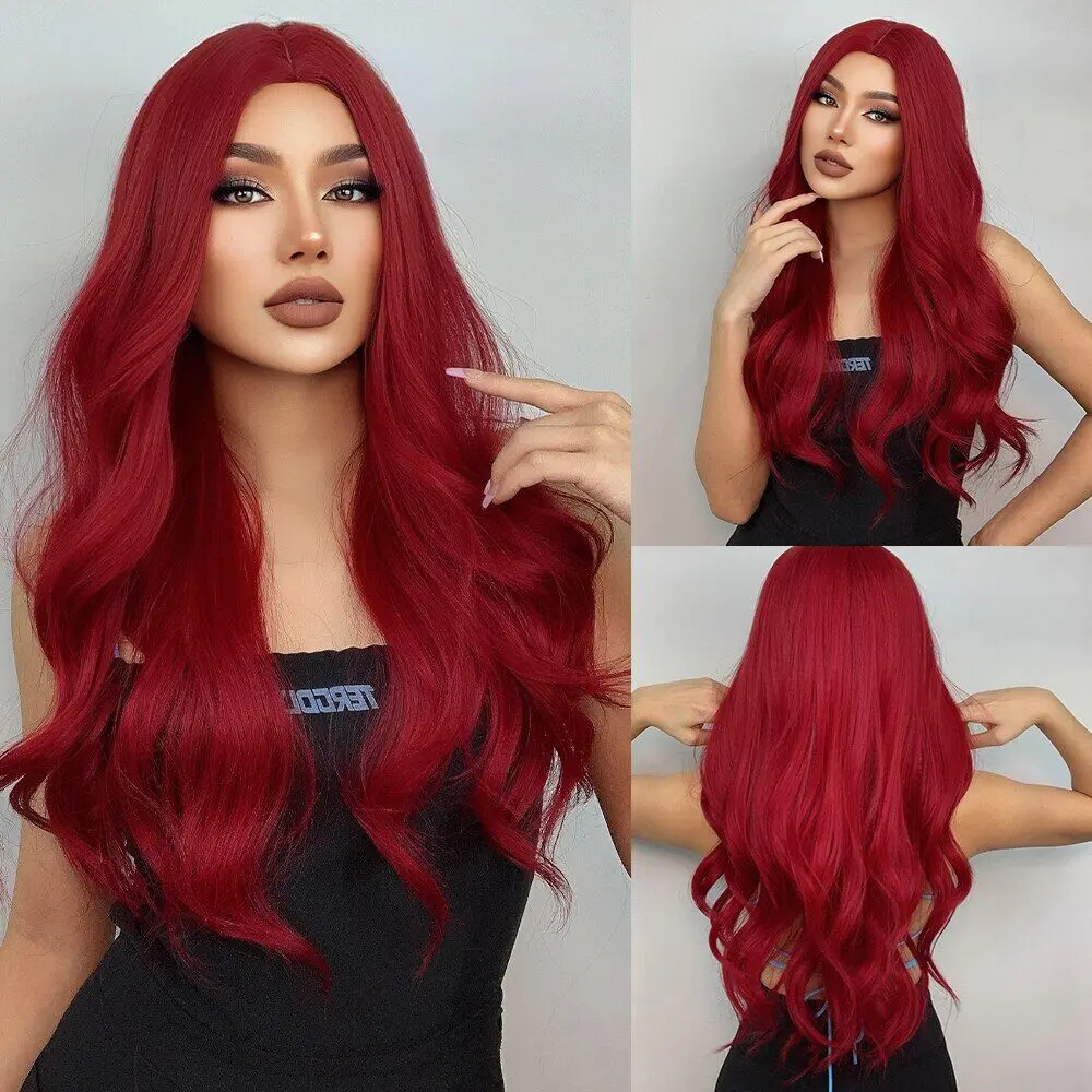 Wig merah anggur Ombre sintetis panjang bergelombang untuk wanita hitam alami