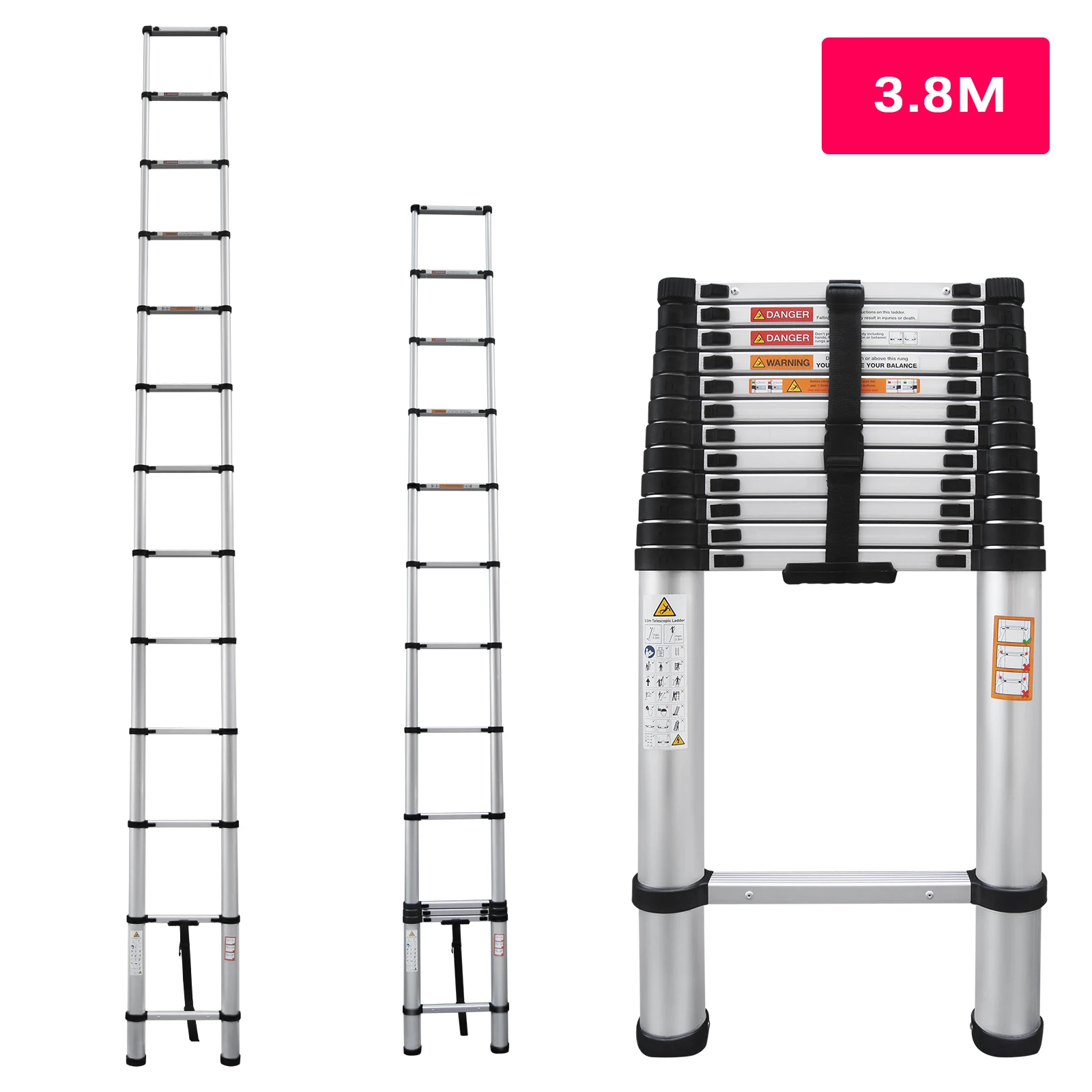 Aluminiumleiter Teleskopleiter Hochleistung 2,6M/3,2M/3,8M/4,4M/5M, A-Form 1,9M/2,5M, 6,2M mit Haken – Detail 3