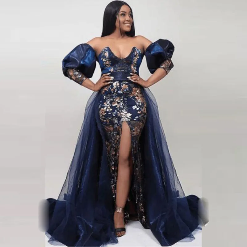 Robe de Soirée de Forme Sirène en Dentelle Bleu Marine, Tenue de Bal Formelle avec Poignées Amovibles, Style Aso Ebi