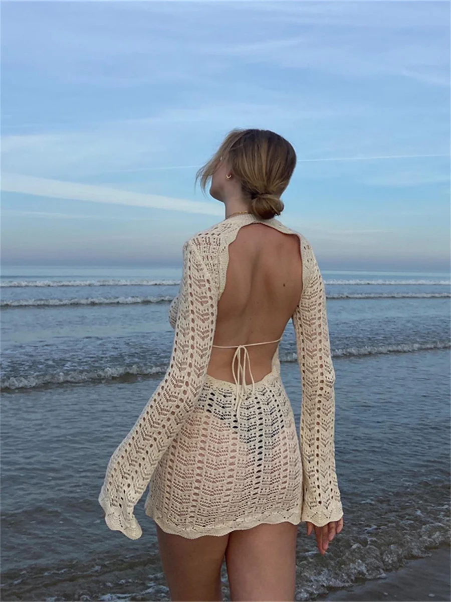 wsevypo Backless Tie-up Hollow Out Beach Dress Women Long Sleeve Round Neck Knitted Crochet Mini Dress Bikini Cover-ups