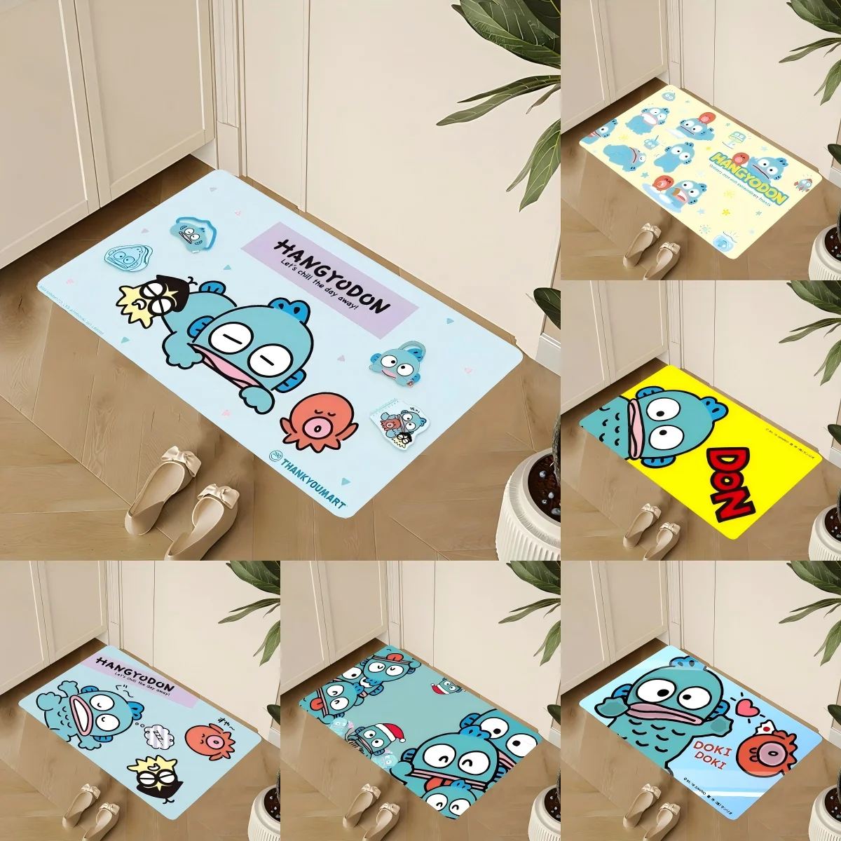 Tapis d'entrée Kawaii Hangyodon, motif dessin animé mignon, poisson bleu, pieuvre, tapis de sol pour salle de bain, cuisine, chambre, tapis de bienvenue, décoration de la maison