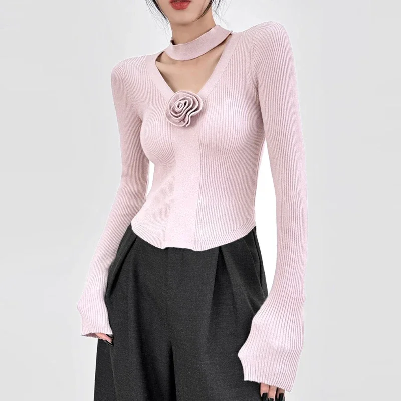 Women Sweater Spring Autumn Vintage V Neckline Halterneck Rose Slim Sexy Fashion Knitwear Long Sleeve Top