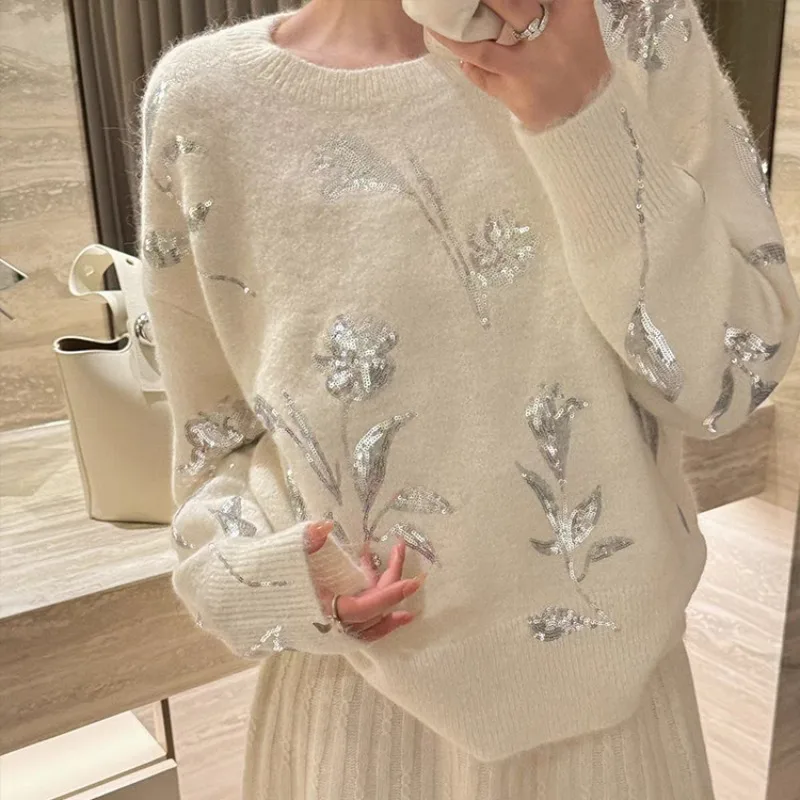 

Женский свитер с круглым вырезом, модный свободный вязаный пуловер с блестками и цветочными деталями, осень-зима, офисный женский милый стильный универсальный топ