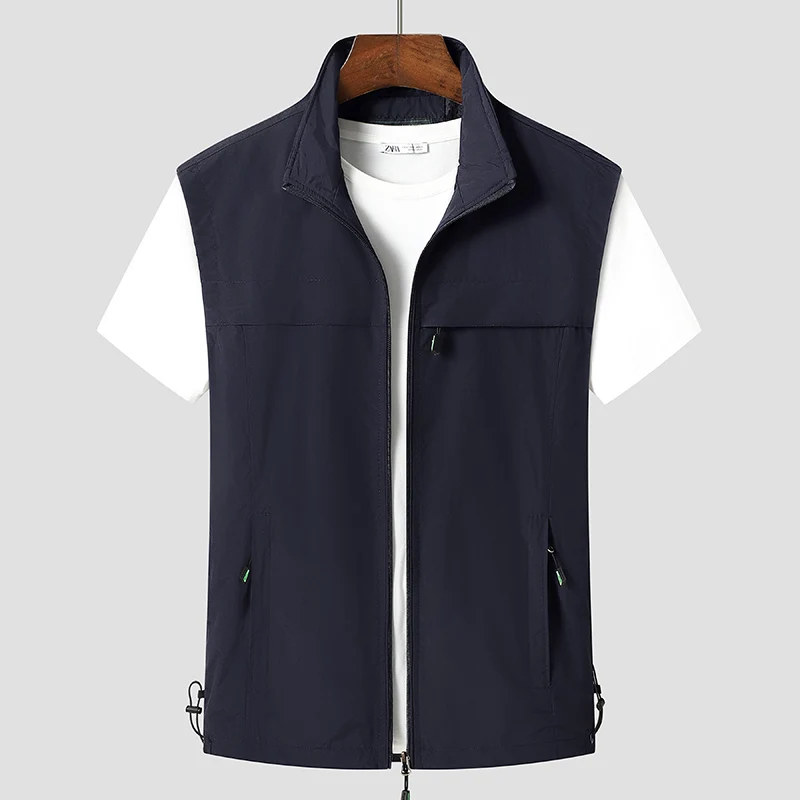 2024 New Minimalist Trendy Men\'s Summer Solid Color Lapel Shoulder Outdoor Leisure Loose Pocket Work Vest Sleeveless Jacket