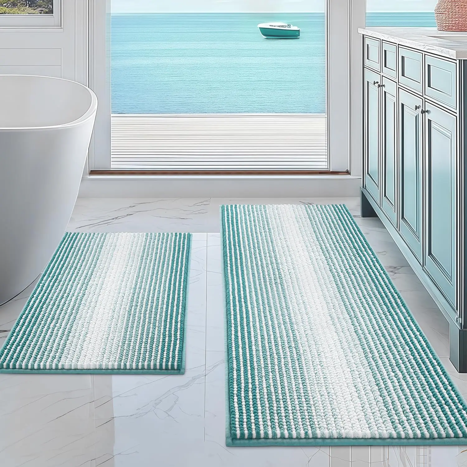 

Bathroom Rugs and Mats Sets, 2 Piece Thick Absorbent Chenille Non Slip, Soft Shaggy Floor Mats, Machine Washable (Aqua G