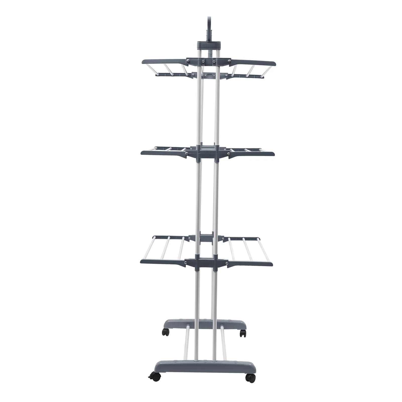 Durable Grey Steel Laundry Drying Rack with Rotatable Side Wings and Rolling Wheels