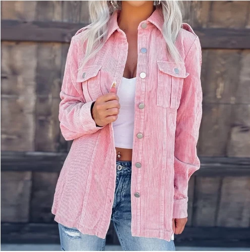 

Women's Fashion Coat 2025 Autumn Winter Latest Corduroy Lapel Washed Shirt Cardigan Loose Jacket Pocket Long Sleeves Open Front