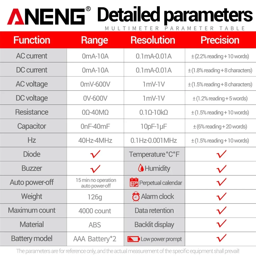 ANENG 613  Smart Digital Multimeter 4000 Counts AC DC 10A Current 600V Temp Humidity Calendar Alarm Clock Backlight Electrical