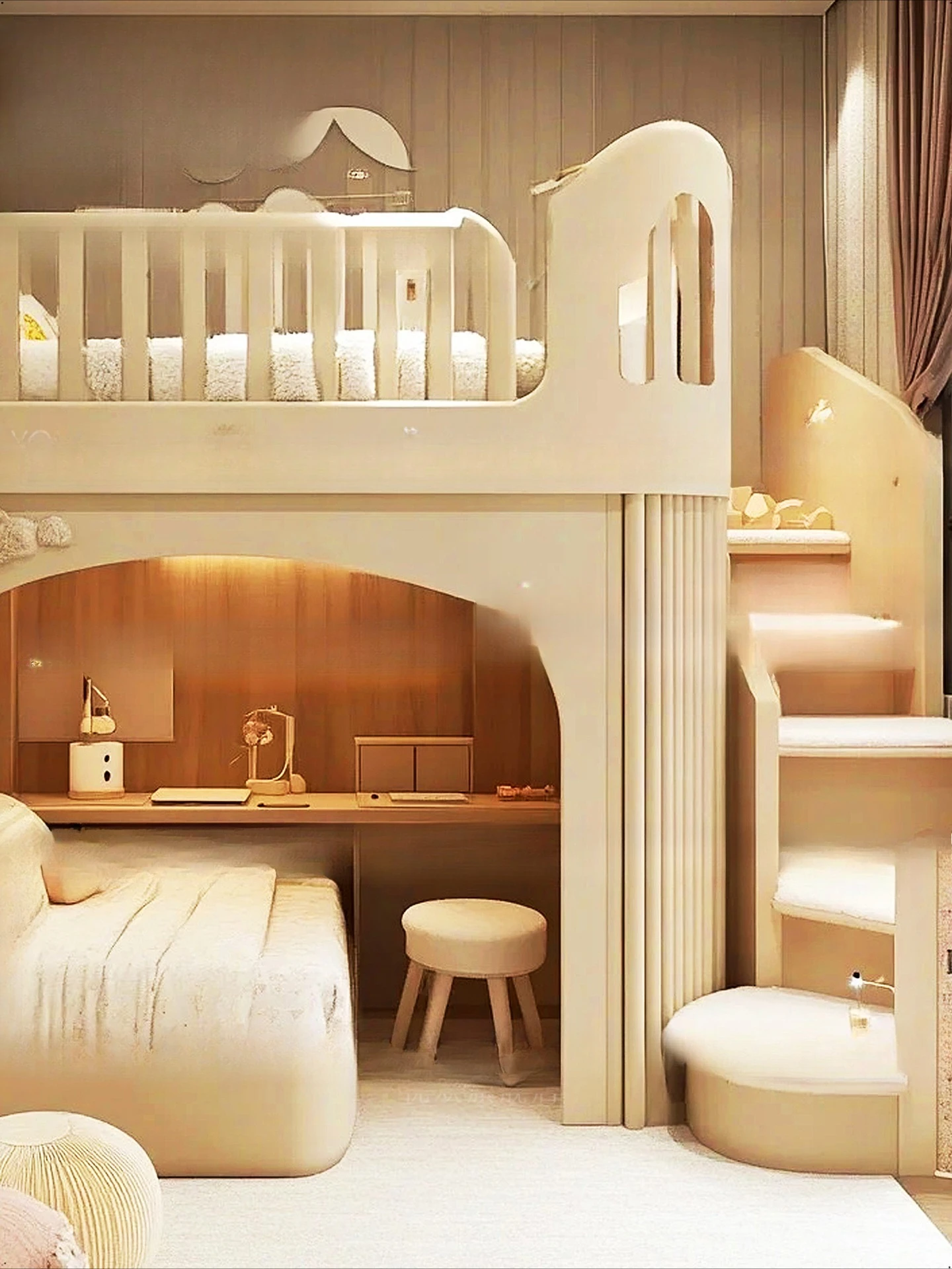 Łóżko dziecięce kremowe, łóżko dla dziewczynki, łóżko dla młodszej siostry, łóżko z szafką i stołem z schodami.
