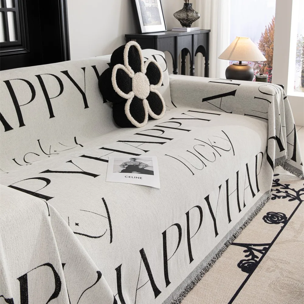 

쇼파커버 HAPPY LUCKY Knit Sofa Cover Sofa Towel Chenille Black White Couch Cover Pet Mat Living Room Sofa Slipcover Throw Blanket