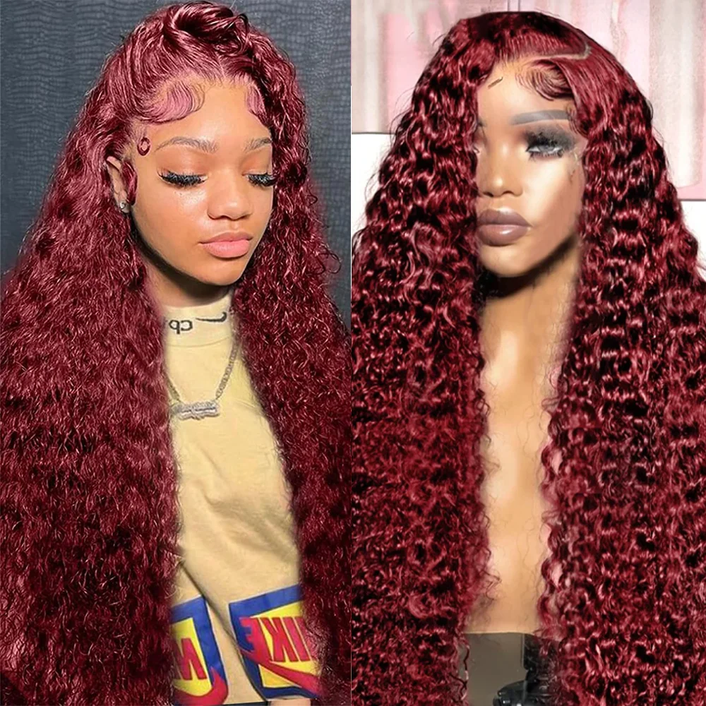 99J Burgundy 13x6 HD Lace Frontal Wig Human Hair Brazilian 36 inch Deep Wave Lace Front Human Hair Wigs HD Transparent for Women