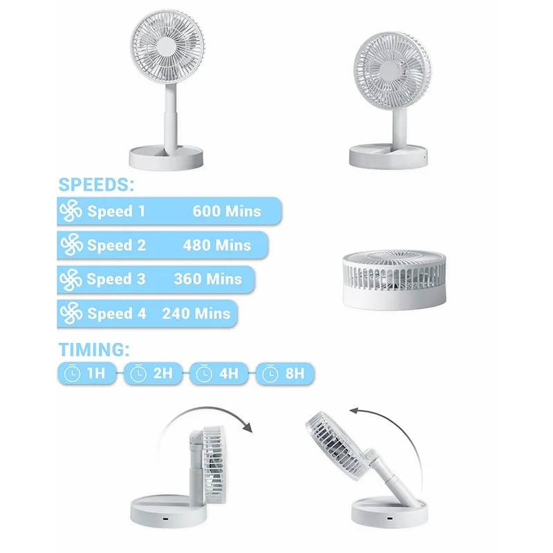 3600mAh USB Foldable Fan with 4 Speeds & Timing Battery Operated Mini Fan for Bedroom Indoor or Outdoor Table campus Fan