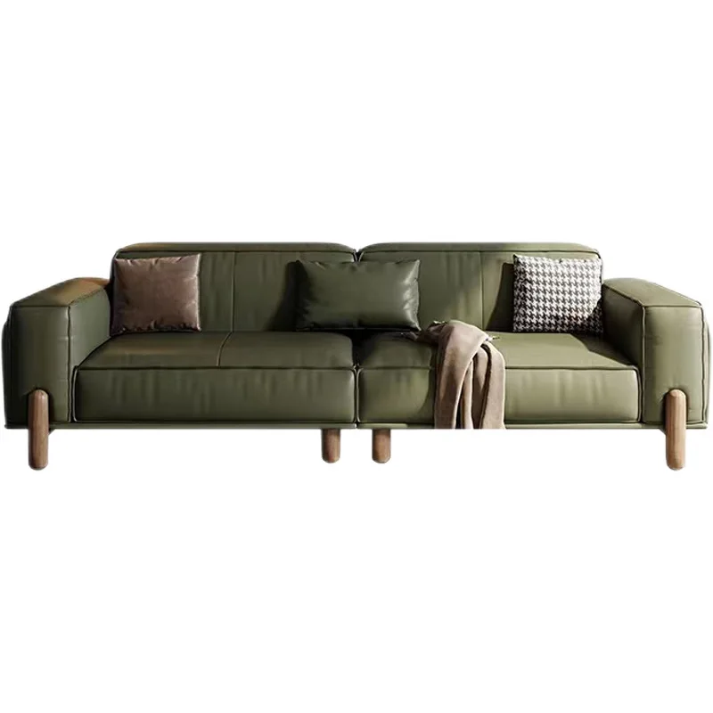 Leather sofa, small apartment straight row, solid wood high foot, first layer cowhide art sofa