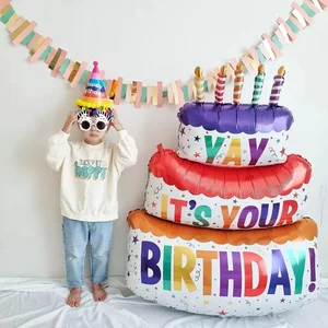 Big 3 -Layer Birthday Cake Balloons với sọc và bóng, Đạo cụ chụp ảnh trang trí tiệc tùng 6 Bộ Baloes Baloes chính bộ - 5