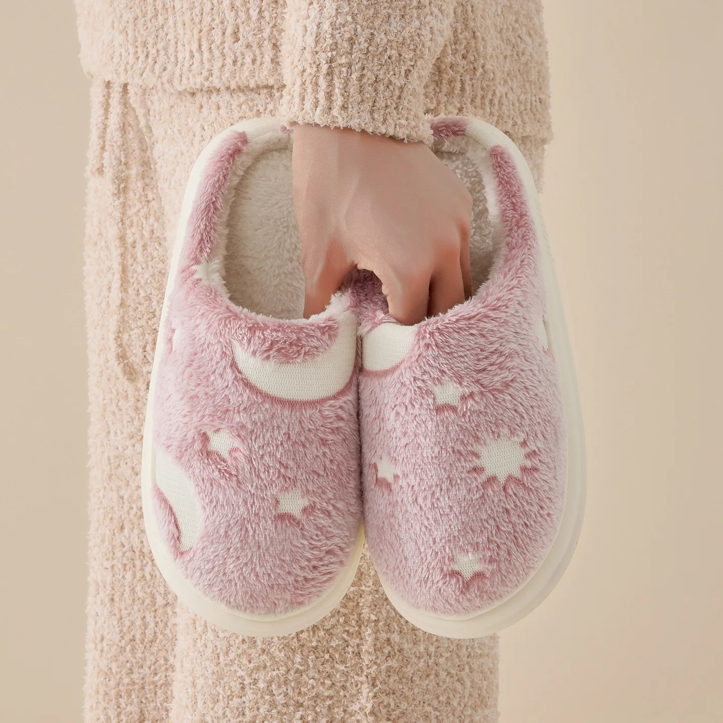 Autumn Winter starry sky moon Cotton Slippers Women  Men New Style Indoor Anti slip Warm Couple Plush Luminous Floor Slippers