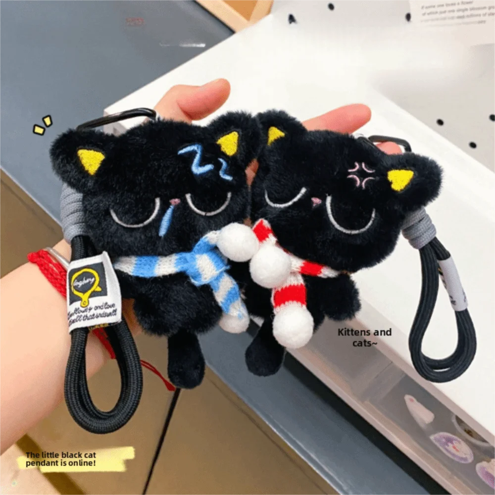 Porte-clés chat noir endormi mignon, écharpe à rayures douces, pendentif de sac de voiture, décoration de sac d'école