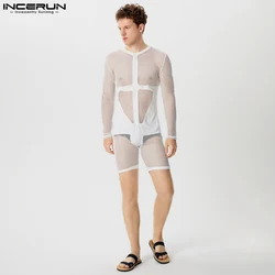 INCERUN Men Bodysuits Mesh Patchwork Transparent Sexy O-neck Long Sleeve Male Rompers 2024 Skinny Fashion Bodysuit Men S-3XL