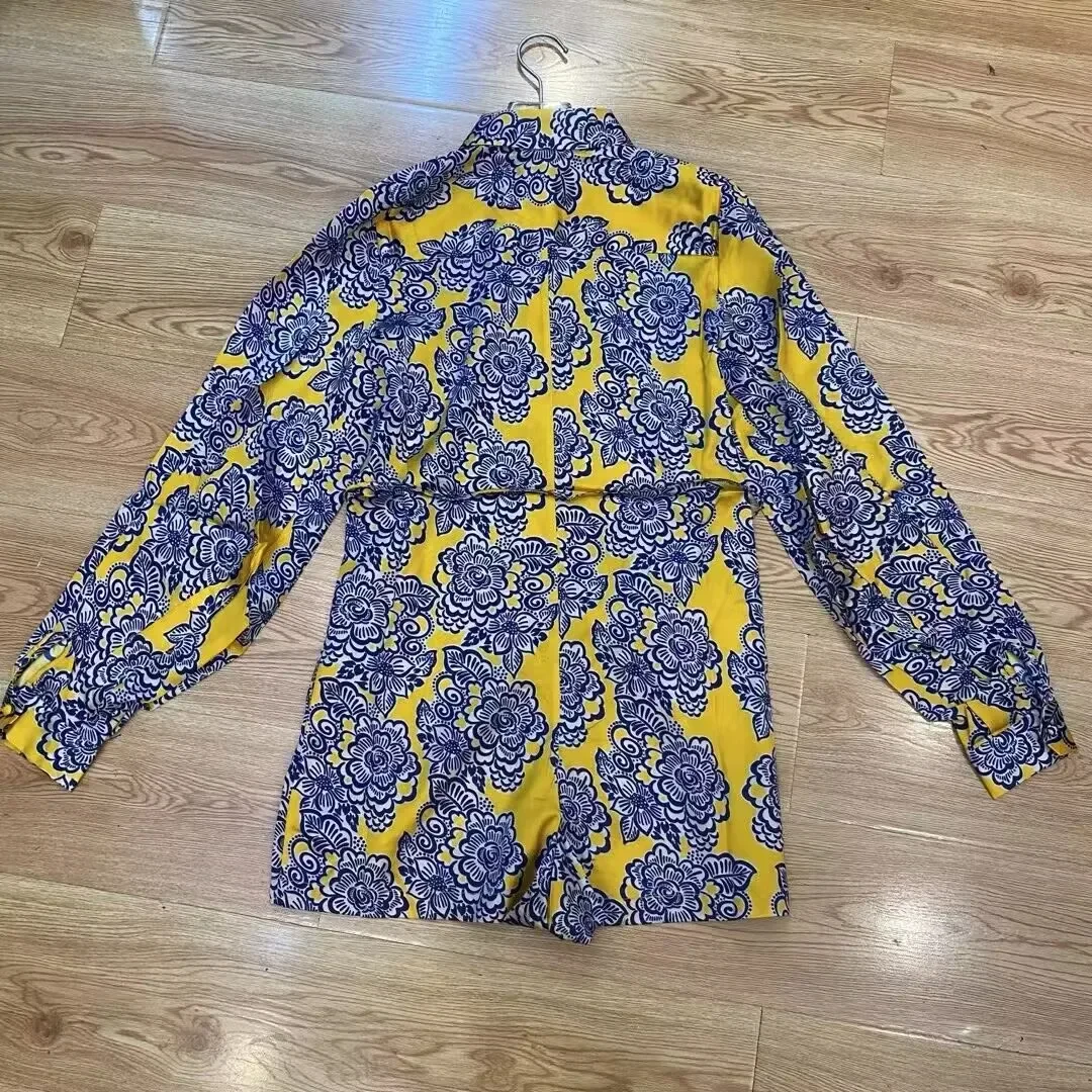 Combinaison imprimée rétro pour femmes, col rabattu, manches longues, taille à lacets, Vintage, barboteuse en coton