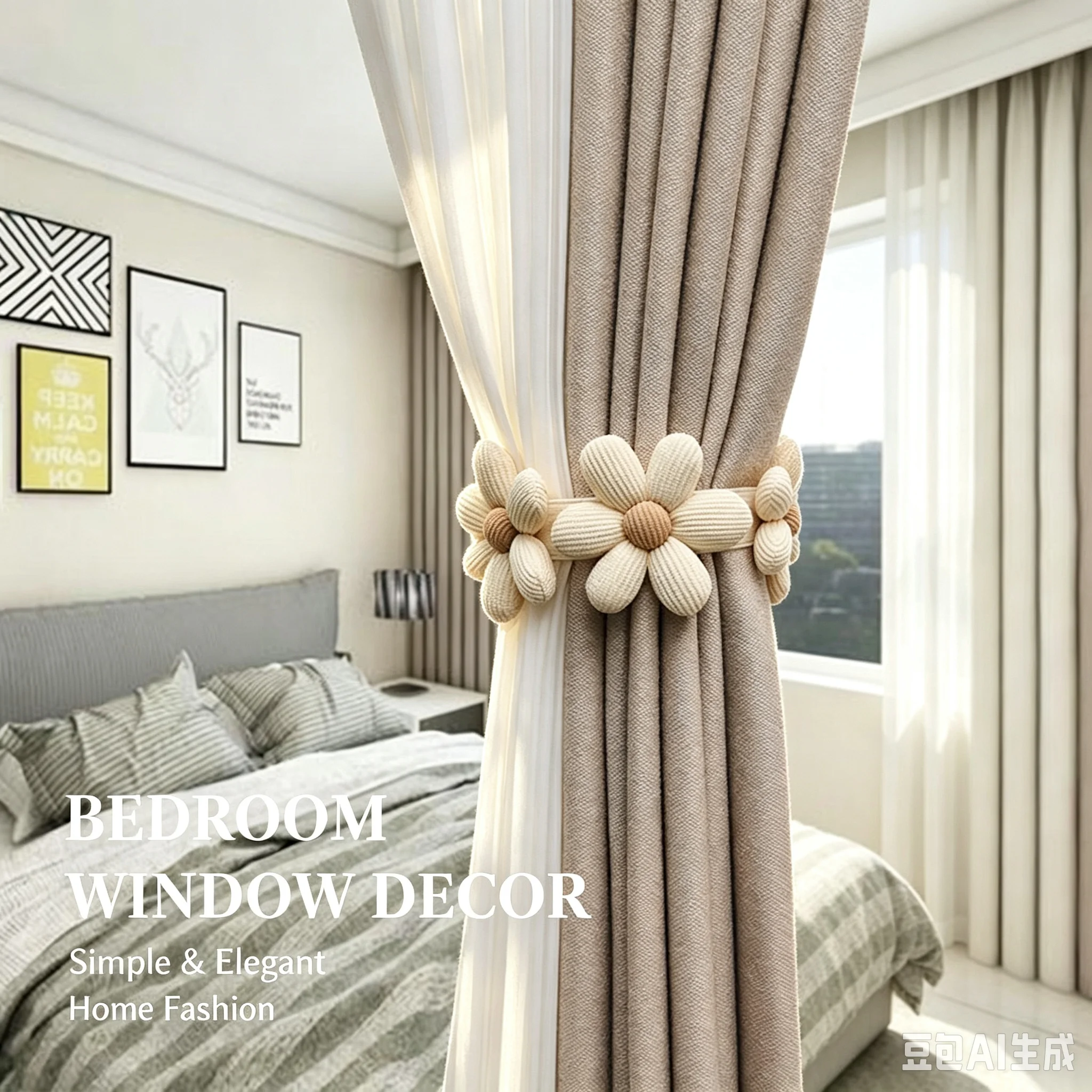 2PCS Flower Curtain Ties, Decorative Curtain Buckles, Cute Floral Curtain Holders, Easy No-Drill Window Treatment for Bedroom Li