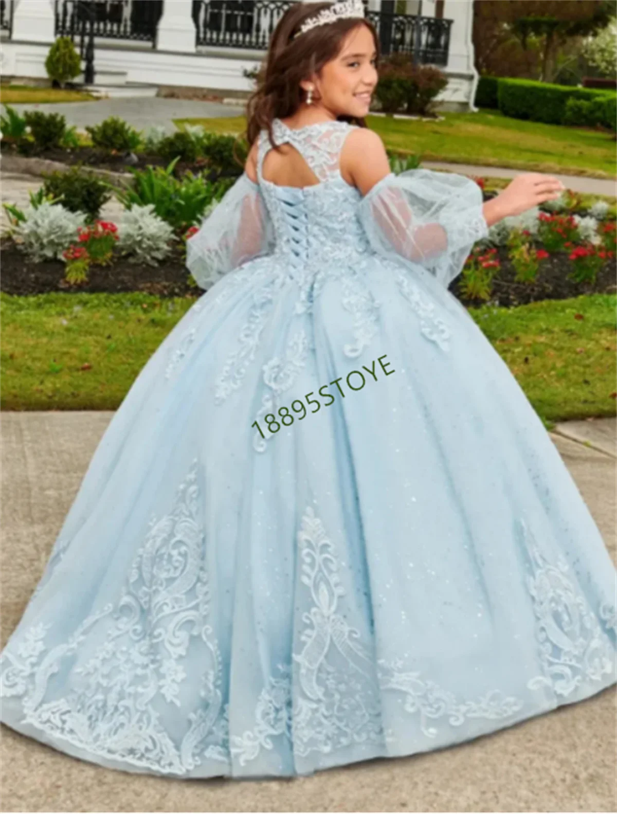 

Light Blue Flower Girl Dresses Applique Lace Elegant Princess Ball Gown For Kids Birthday Party Dress First Communion Dress