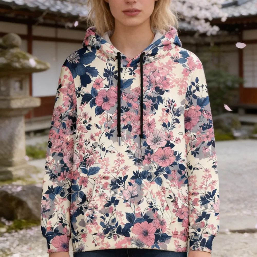 Elegant Women's Hoodie with Rose Floral Pattern in Pink Romantic Drawstring Hooded Sweatshirt Cozy Loungewear Casual Wear