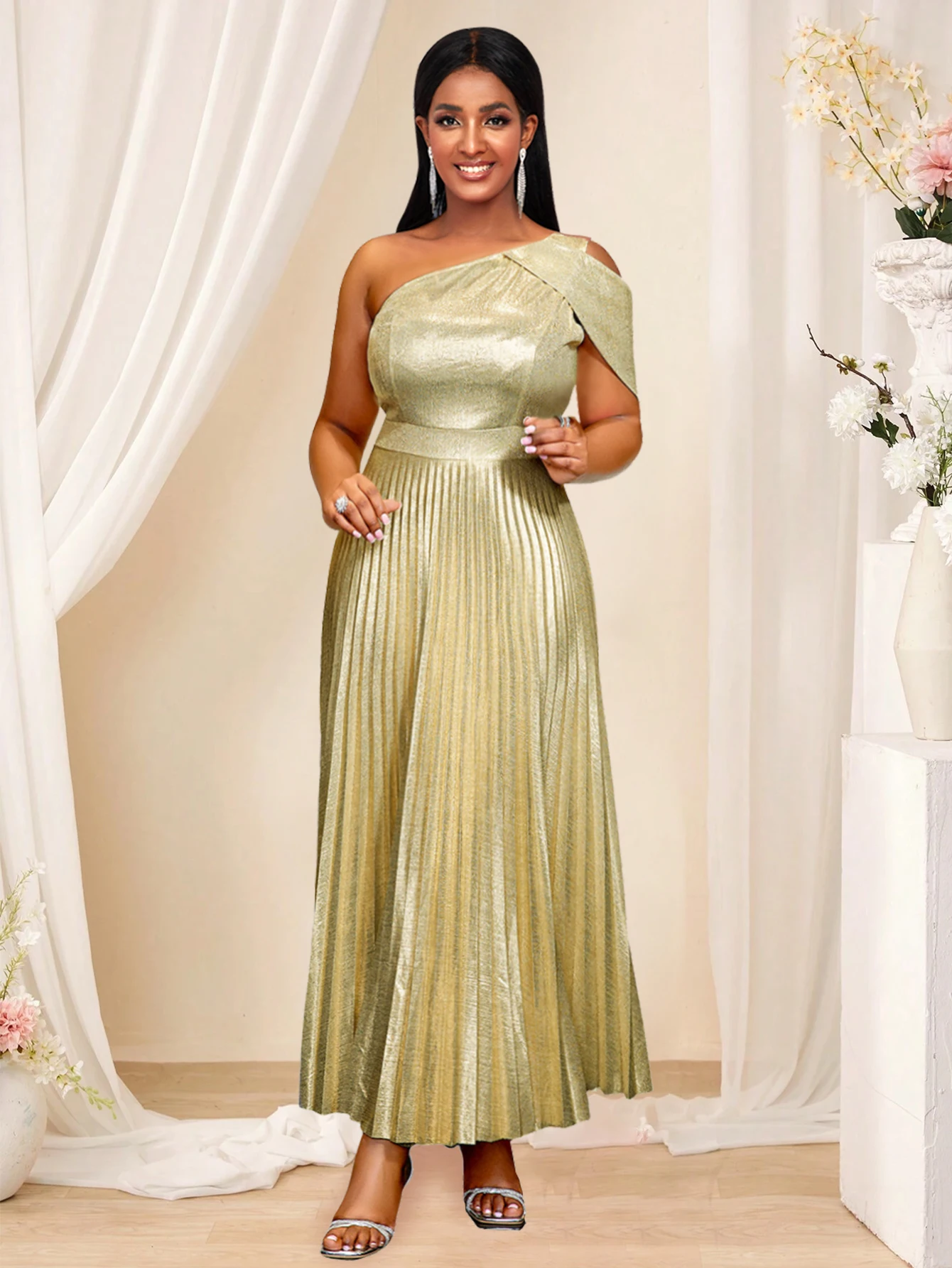 Gold One Shoulder Party Dresses for Women Bronzing High Waist Pleated A Line Cocktail Birthday Event Long Prom Women Gowns