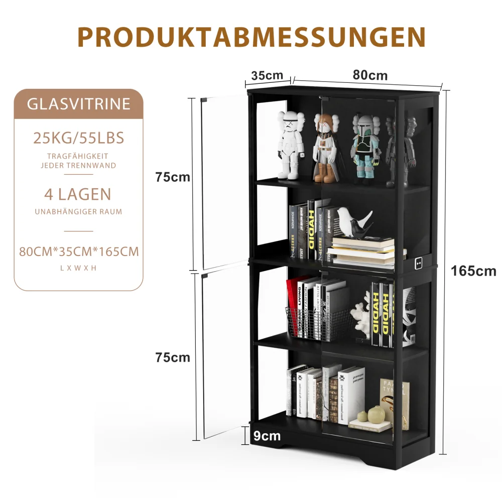 Vierstöckige Glasvitrine mit Stauraum, LED-Beleuchtung, Glastüren und intelligenten Sensoren, staubdichte Glasvitrine – Detail 6