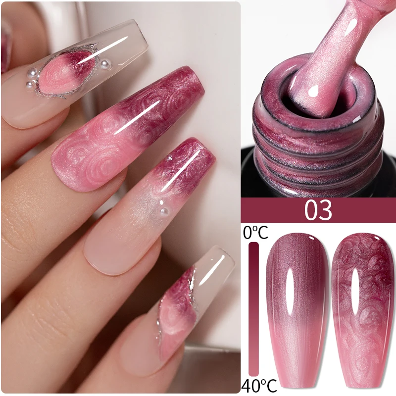 PUENTE 6pcs/set 7.5ML Temperature Color Changing Pearl Shell Thread Gel Nail Polish With Dotting Tool Set, Shimmering Red Purple Blue Colors Thermal Pearl Shell Effect, Soak-Off UV/LED Curable Nail Art Varnish, For Home Nail Salon Use
