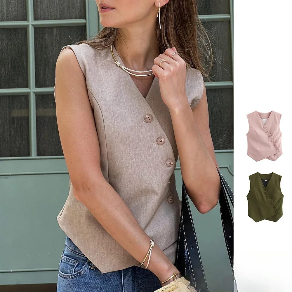 

KONDALA новый китайский шикарный однотонный жилет женский асимметричный жилет с наклонной застежкой мода 2025 летний осенний жилет топы повседневные офисные топы