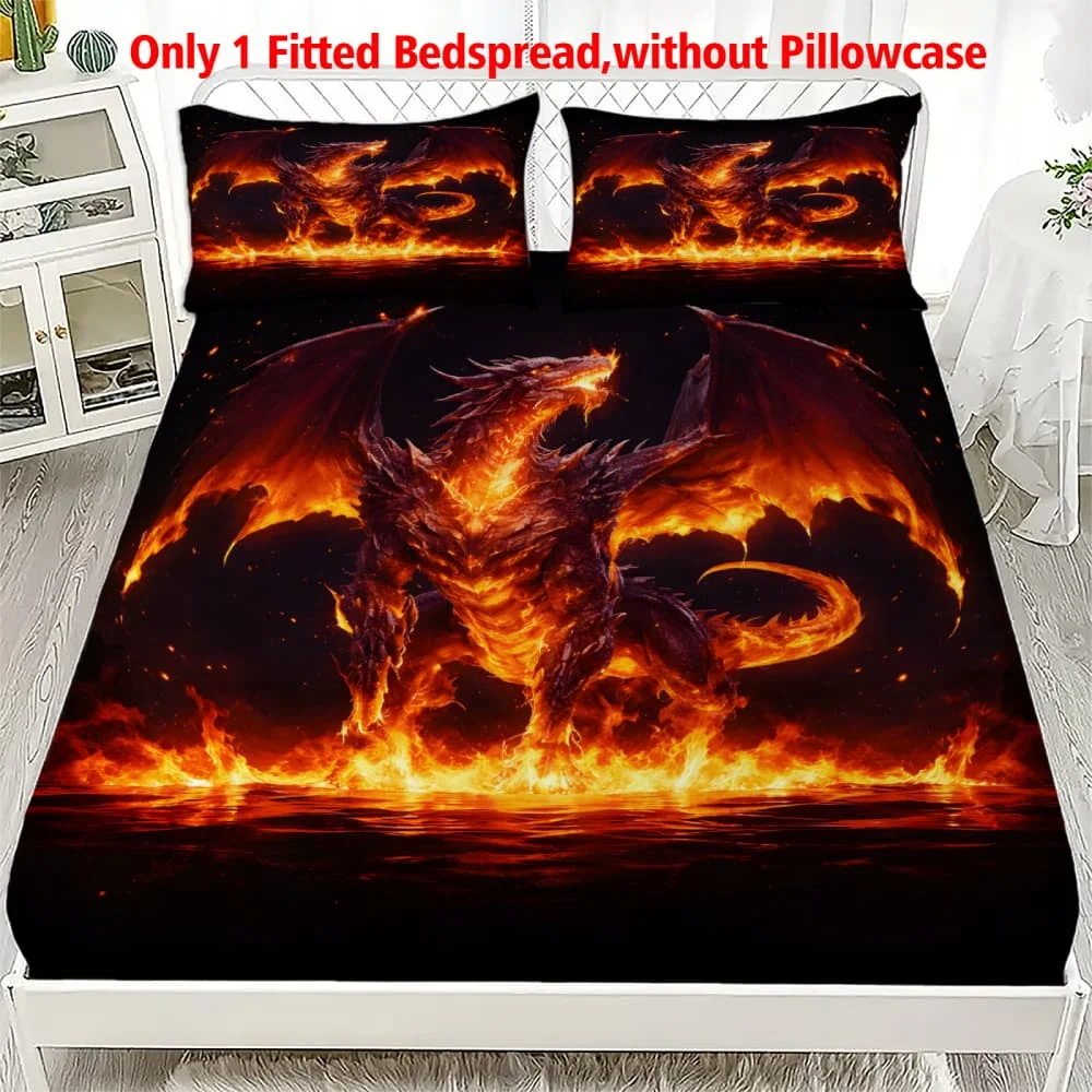 1pc Fiery Flame Dragon Print Fitted Sheet Deep Pocket Elastic Mattress Cover Single Double Queen King Bedroom Decor