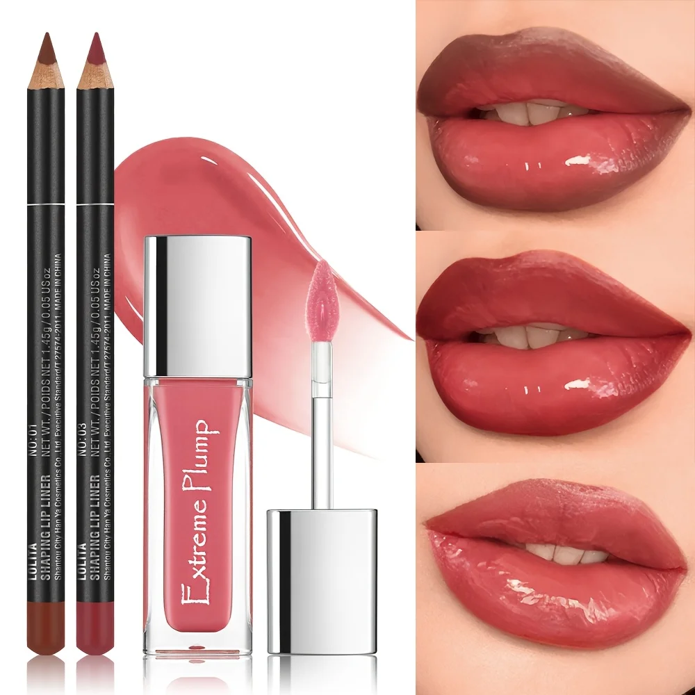3PCS Hydrating Lip Gloss & Liner Set: Moisturizing, 3D Precision, Dewy Shine for All Day & Occasions | Complete Lip Makeup Kit