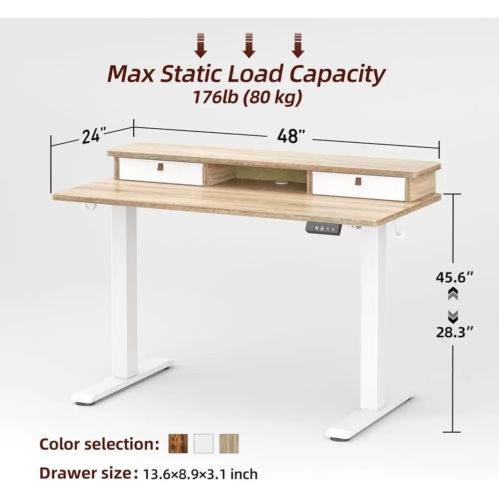 Adjustable Height Electric Standing Desk 48x24 Inches with Dual Drawers, Storage Shelf, and Maple Finish