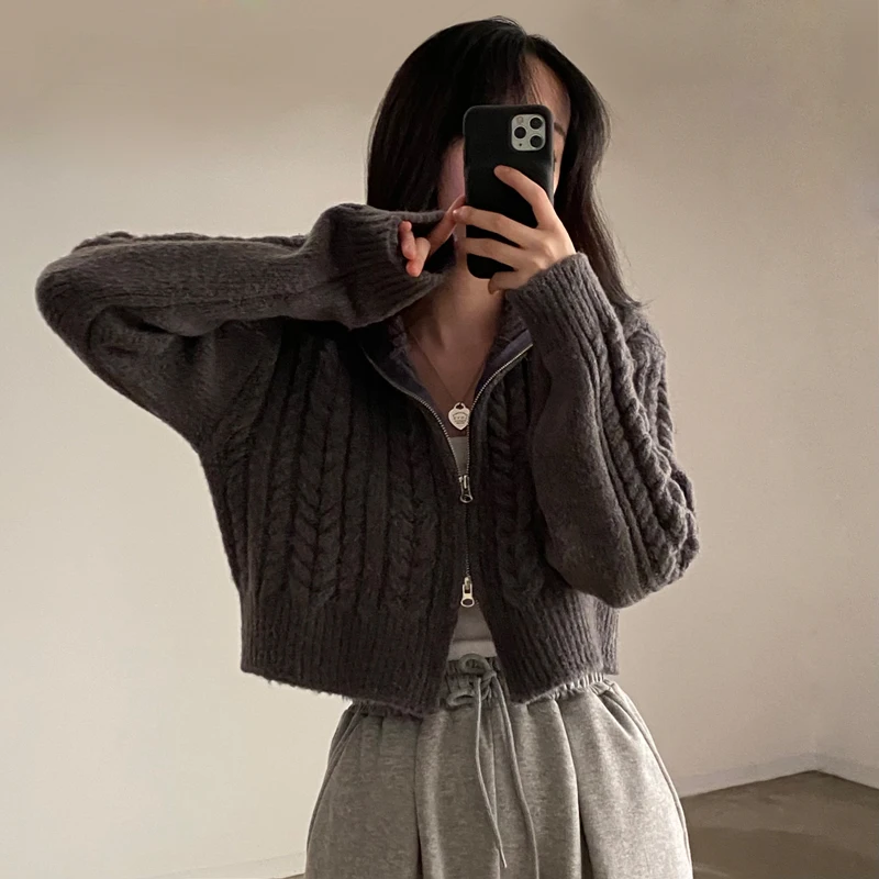 Zipper Up Korean Knitted Cardigan Women Autumn Winter Cropped Turtleneck Sweater Woman Chic Long Sleeve Twist Cardigans Female