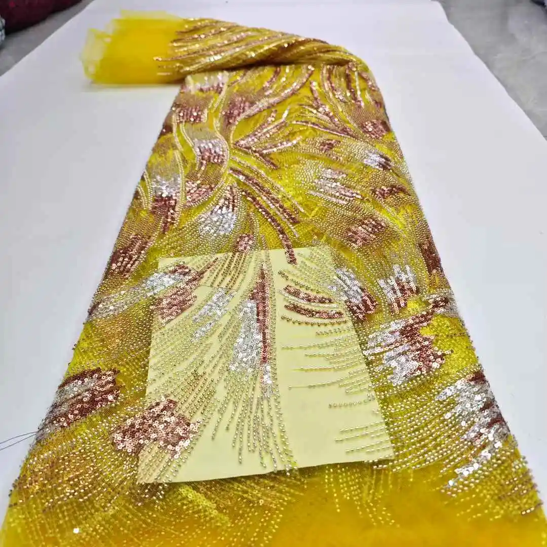 

Luxurious Nigerian African Beaded Lace Fabric High Quality Sequins Embroidery African French Lace Fabric For Sewing Dress